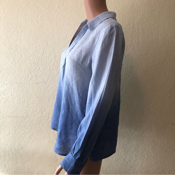 Vince Camuto Women’s Blue Linen Shirt Size XS Long Sleeves V-Neck Collared - Picture 3 of 16